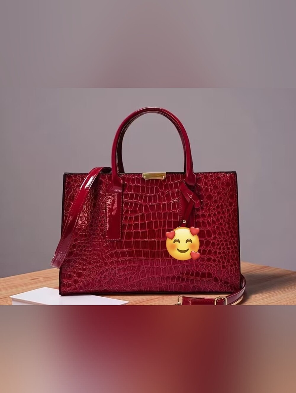 Red Faux Croc-Embossed Patent Tote Bag